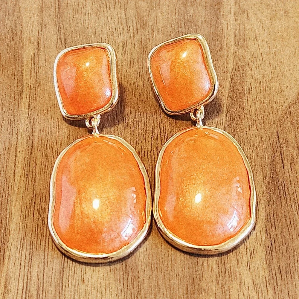 Orange Shimmer Resin Drop Earrings Gold Tone Geometric Statement Dangle 2.0